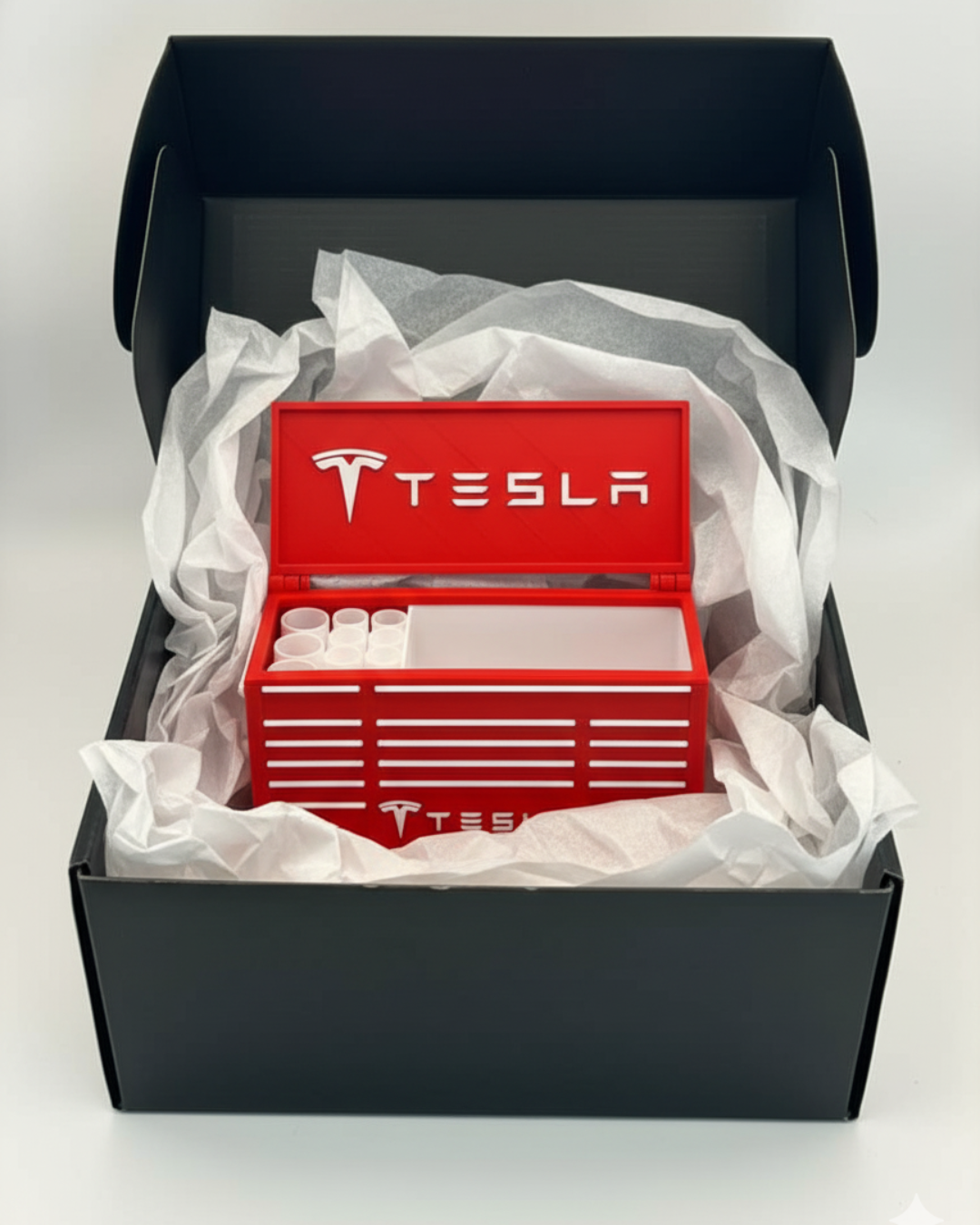 EV Toolbox Pen Holder | Red 3D Printed Desk Organizer | Modern Workspace Decor for Car Enthusiasts