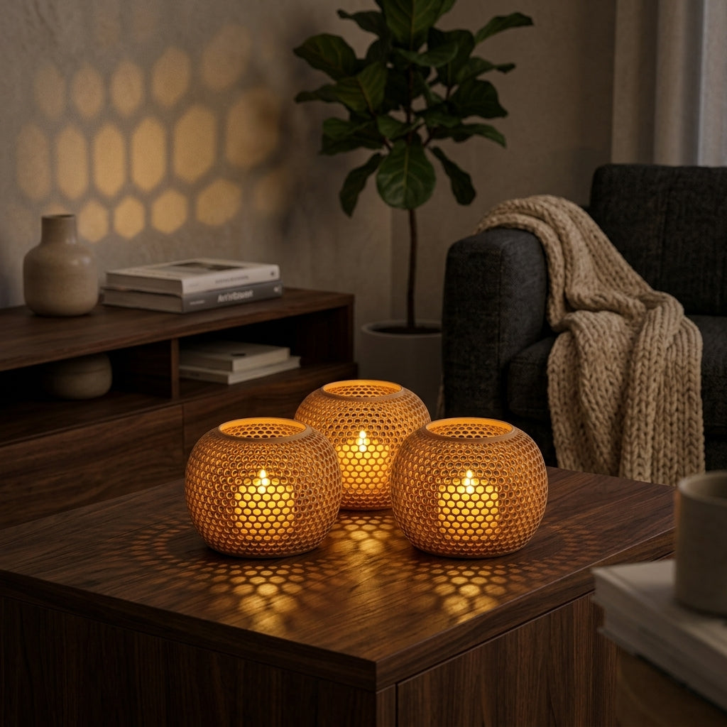 Honeycomb Tealight Holder Set in a cozy living room evening by SM Crafted Studio